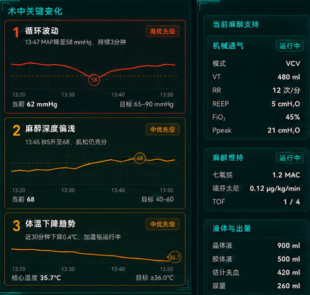 术中原图局部：循环、麻醉深度、体温趋势，与当前通气、麻醉维持和液体出量并置