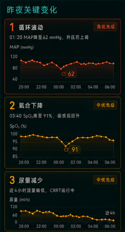 医生查房原图中的循环、氧合与尿量变化，保留趋势、时间与相关处置信息