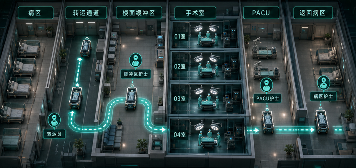 原图局部：病区、转运通道、缓冲区、手术室与 PACU 之间的空间关系